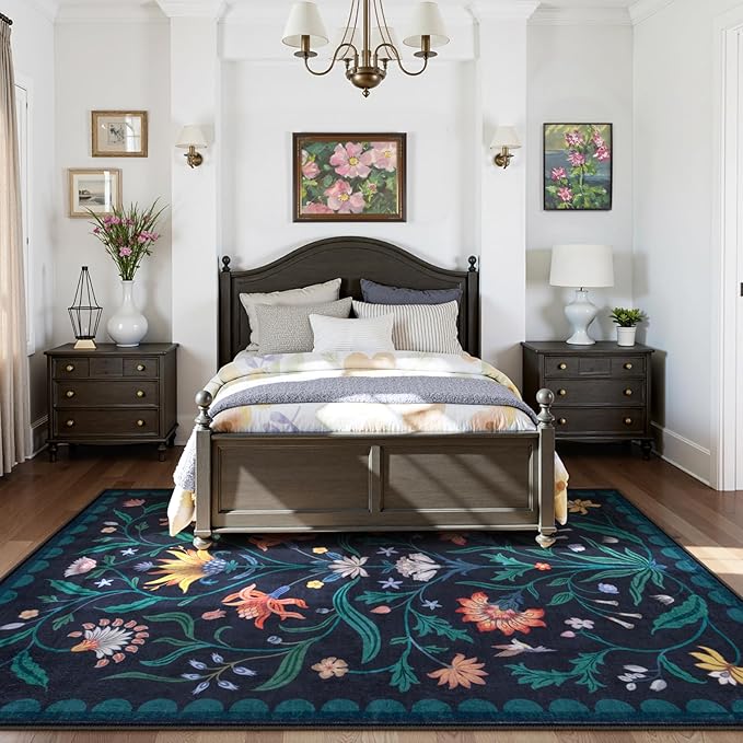 Lahome Boho Floral Washable Dark Blue 6x9 Area Rugs for Living Room, Non Slip Rugs for Bedroom, Indoor Throw Dining Room Carpet for Under Table Home Office Playroom (Dark Blue,6x9ft)