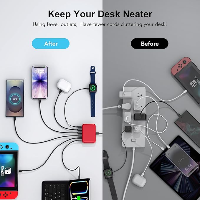 USB C Fast Charger 100W GaN 6 Port Type USB C Charging Station Hub Block Wall Charger Power Strip Adapter Plug Cube Brick 3 USB A for iPad iPhone16 15 14 13 12 11 Pro Max