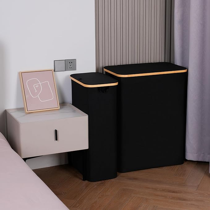 efluky Slim Laundry Basket with Lid, Narrow Laundry Hamper with Removable Bag, Skinny Dirty Clothes Basket with Bamboo Handles for Bathroom, Bedroom & Laundry Room, 75L Black