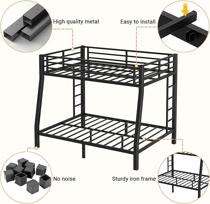 Full XL Over Queen Bunk Bed, Metal Bunk Bed Frame Heavy Duty Bunk Beds Loft Bed Frame with Ladder and Guardrail Metal Slats No Box Spring Required for Adults Teens, Black
