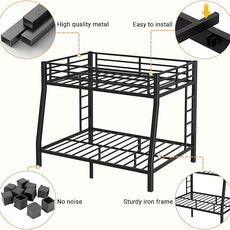 Full XL Over Queen Bunk Bed, Metal Bunk Bed Frame Heavy Duty Bunk Beds Loft Bed Frame with Ladder and Guardrail Metal Slats No Box Spring Required for Adults Teens, Black