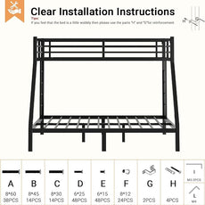 Twin XL Over Queen Bunk Bed, Metal Bunk Bed Frame Heavy Duty Bunk Beds Loft Bed Frame with Ladder and Guardrail Metal Slats No Box Spring Required for Adults Teens, Black