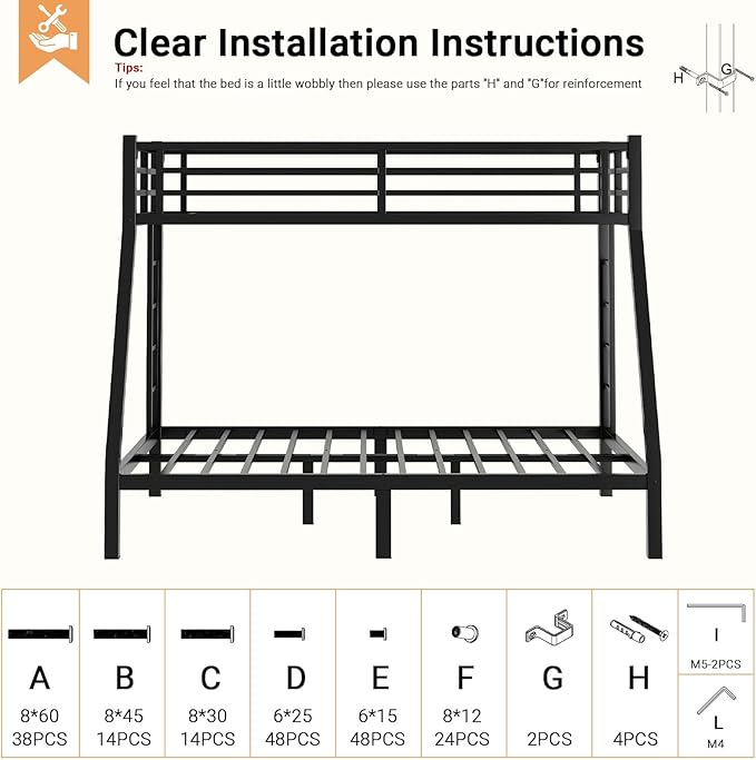 Twin XL Over Queen Bunk Bed, Metal Bunk Bed Frame Heavy Duty Bunk Beds Loft Bed Frame with Ladder and Guardrail Metal Slats No Box Spring Required for Adults Teens, Black