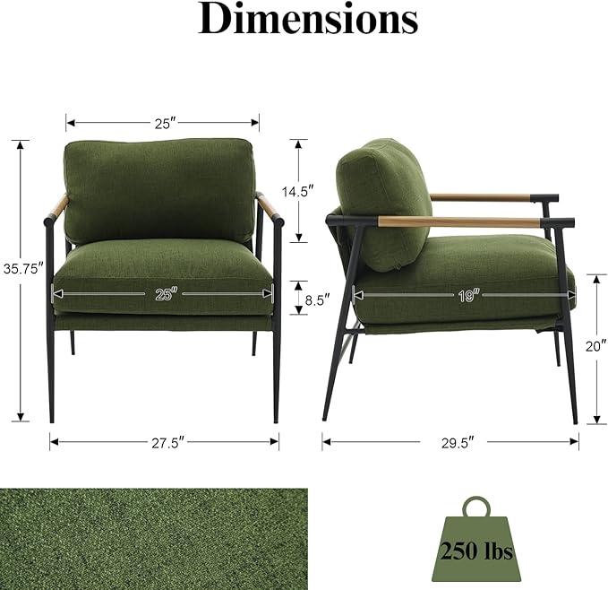 Mid-Century Accent Chair Set of 2, Soft Armchair Linen Fabric Lounge Chair with Black Metal Legs, Upholstered Leisure Chair for Living Room Reception Room, Green