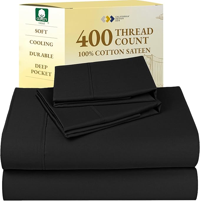 California Design Den Full Size Bed Sheets Set - Soft 400 Thread Count Sateen, Natural 100% Cotton Sheets with Deep Pockets, Breathable, and Durable Bedding Set - Black