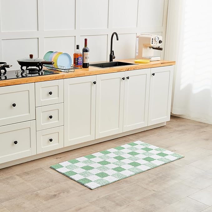 CozeCube Bath mats for Bathroom Non Slip, Fluffy Absorbent Microfiber Bath mat Washable, Aesthetic Bathroom Rugs, Long Sage Green Checkered Bath Runner, Sage Green, 59" x 24"