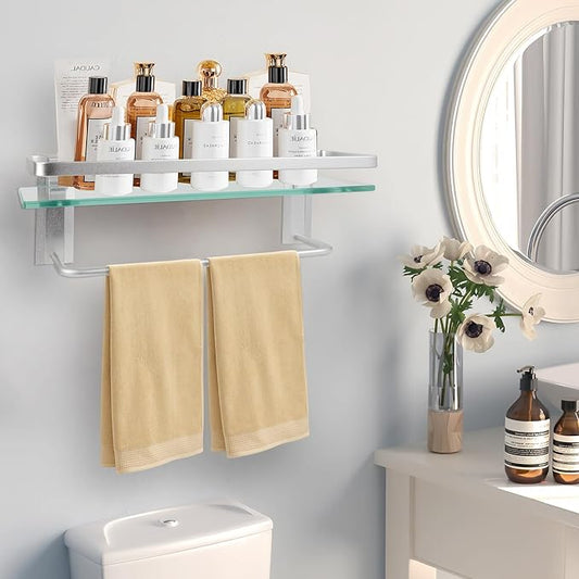 Bathroom Shelves with Towel Holder Rustproof 15.7'' Tempered Glass Shelf with Rails Wall Mounted Stainless Steel, Polished Chrome Decorative