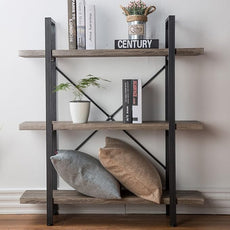 HSH 3-Shelf Bookcase, Rustic Gray 3 Tier Bookshelf, Vintage Industrial Wooden and Metal Display and Storage Bookshelves Tower for Home Office Livingroom Bedroom Light Grey Oak