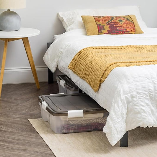 IRIS USA WeatherPro Underbed 47 Qt Storage Bins with Lids, 1 Pack, BPA-Free Plastic Gasket Box with Tight Latch and Seal, Stackable Nestable Underbed Tote Tub - Gray/Clear