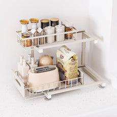 2 Pack Under Sink Organizer, Heavy Duty Metal Slide Out Sink Shelf Organizer Height Adjustable, Multi-Purpose Storage Shelf for Kitchen Bathroom (Sand,2Pack)