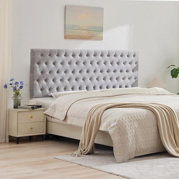 Kingfun Upholstered Queen Headboard Only, Premium Linen Button Tufted Headboards, Adjustable Solid Wood Head Board, Padded Headboard with Solid Wood Legs in Bedroom (Grey)