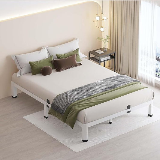 MAF 7 Inch Full Size Metal Platform Bed Frame White with Round Corner Legs, Mattress Slide Stopper, 3000 LBS Heavy Duty Steel Slats Support, Noise Free, No Box Spring Needed, Easy Assembly