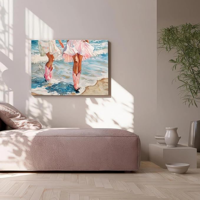 Cowgirl Boots Wall Art Pink Cowgirl Boots FramedWall Decor Retro Pink Western Aesthetic Canvas Prints Poster Trendy Preppy Girls Room Decor Picture for Living Room Bedroom Dorm Framed 16 X 24 in