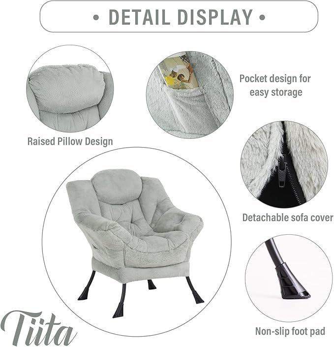 Tiita Lazy Chair with Ottoman, Modern Large Accent Lounge Armchair, Comfy Leisure Sofa Reading Chair with Footrest for Bedroom, Living Room, Dorm Rooms, Garden and Courtyard, Plush Green