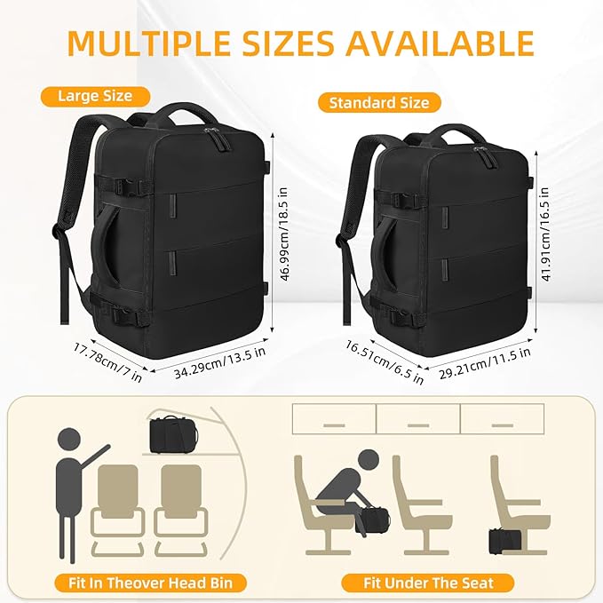 Travel Backpack For Women Men Airline Approved Carry On Backpack, Waterproof Outdoor Sports Rucksack Weekender Overnight College Business Backpack Fits 15.6 Inch Laptop - Black
