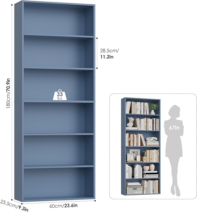 FOTOSOK 6-Tier Open Bookcase and Bookshelf, Freestanding Display Storage Shelves Tall Bookcase for Bedroom, Living Room and Office, Blue