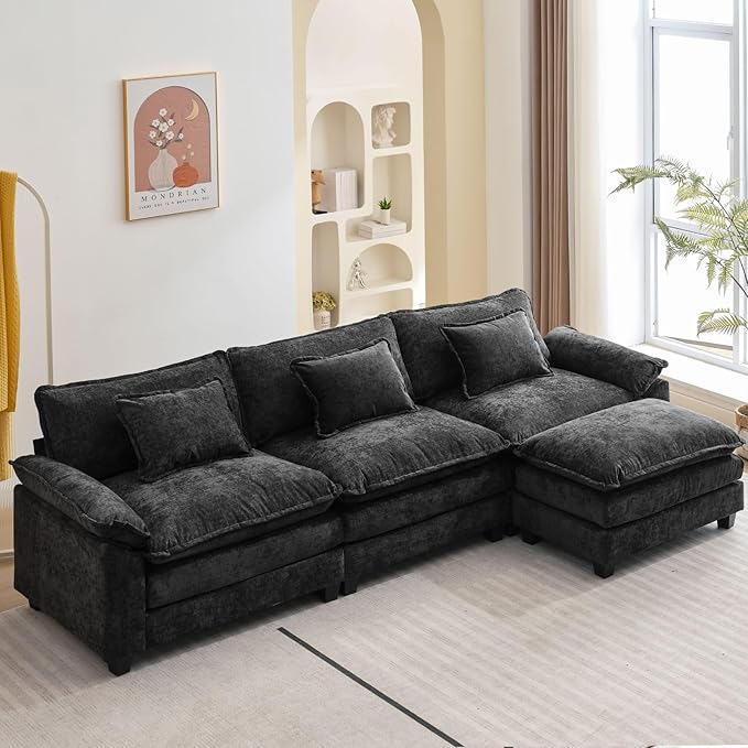 120" Modular Sectional Sofa, Comfy Cloud Couch Sectional Sofa with Ottoman, Chenille Sofa Sleeper Deep Seat Sofa with Throw Pillows for Living Room (Black, 120"- L Shape)