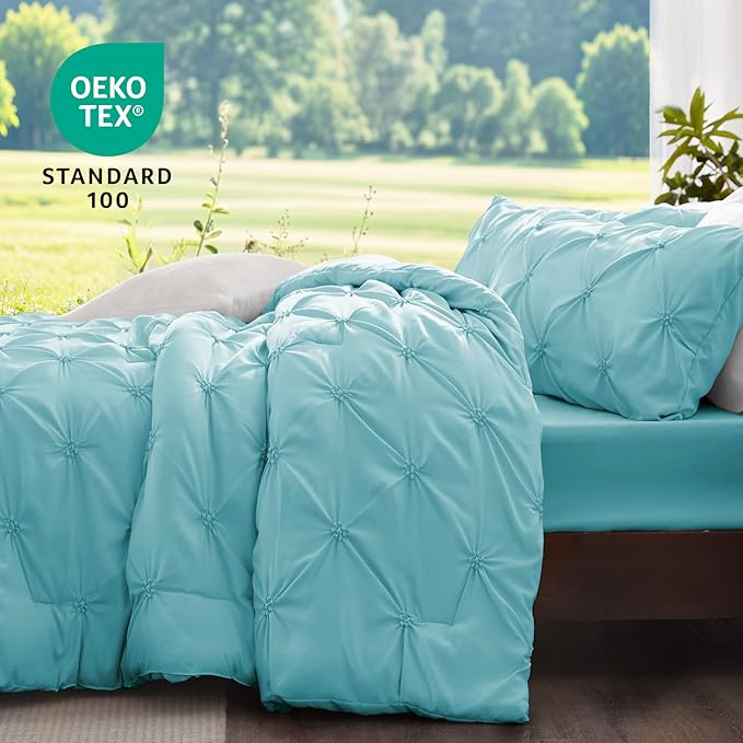 BEDELITE Macaron Blue King Size Comforter Set - 3 Pieces Boho Pintuck Bedding Comforter Sets, Lightweight Soft & Warm King Bedding Set with 2 Pillowcases for All Season