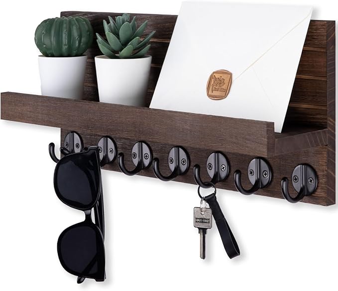 Key Holder Wall Mount, Entryway Key and Mail Holder with 7 Sturdy Hooks for Sunglasses, Dog Leash, Decorative Wall Shelf with Mounting Hardware, 15”W x 6.7”H x 4.2”D (Brown)