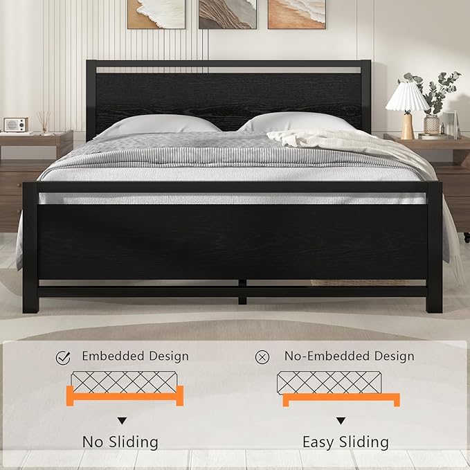 Twin Bed Frames with Headboard, Industrial Style Twin Bed Frame, Twin Size Bed Frames with Wooden Footboard, No Box Spring Needed, Noise-Free, Easy Assembly, Black