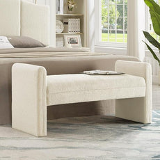 24KF Modern Upholstered Bed Bench Covered with Soft Boucle Teddy Fabric, Lovely Entryway Bench Ottoman with Armrest,5062-Cream