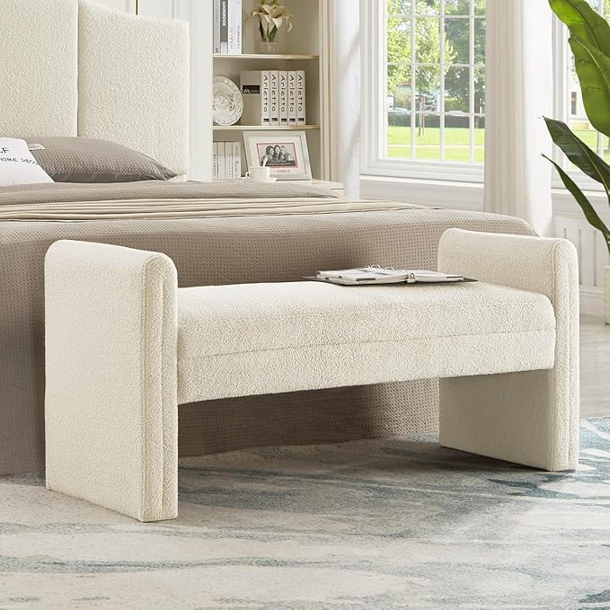 24KF Modern Upholstered Bed Bench Covered with Soft Boucle Teddy Fabric, Lovely Entryway Bench Ottoman with Armrest,5062-Cream