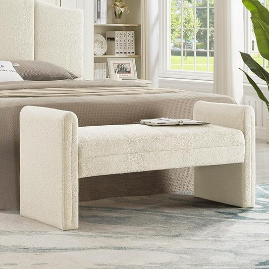 24KF Modern Upholstered Bed Bench Covered with Soft Boucle Teddy Fabric, Lovely Entryway Bench Ottoman with Armrest,5062-Cream