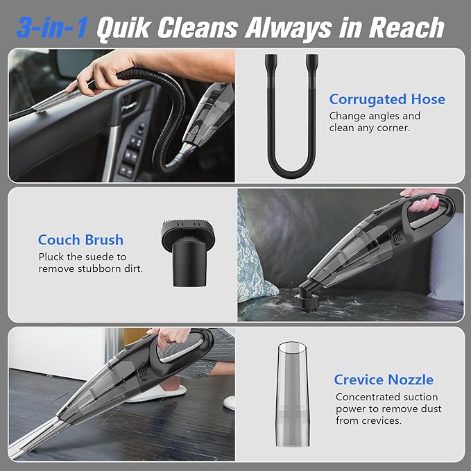 Handheld Vacuum Cordless Rechargeable, Car Vacuum Cleaner with LED, USB Charge, 1.65LBs Hand Vacuum Cordless, for Car/Home/Pet