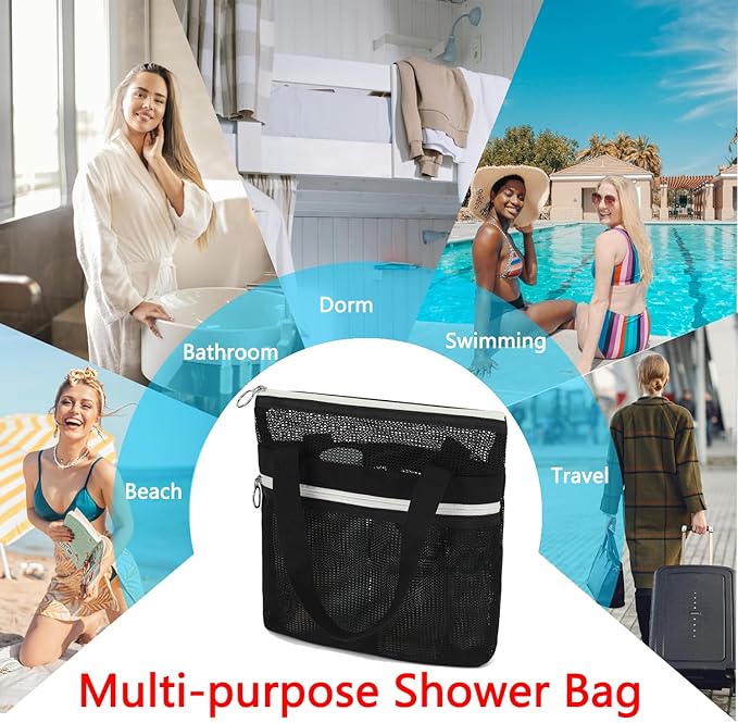 Mesh Shower Caddy Portable with Zipper & 2 Pockets - Quick Dry Shower Caddy Hanging for Travel Gym Camp Beach - Organizer Bag Bathroom Essentials for College Dorm