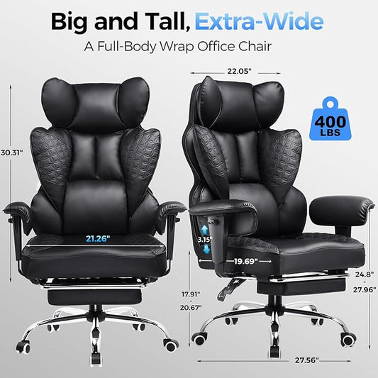 COMHOMA Big and Tall Office Chair 400LBS Heavy Duty Gaming Chair with Deluxe Embossing Leather High Back Wider Ergonomic Computer Chair with Foot Rest 150°Reclining Pocket Spring Lumbar Support