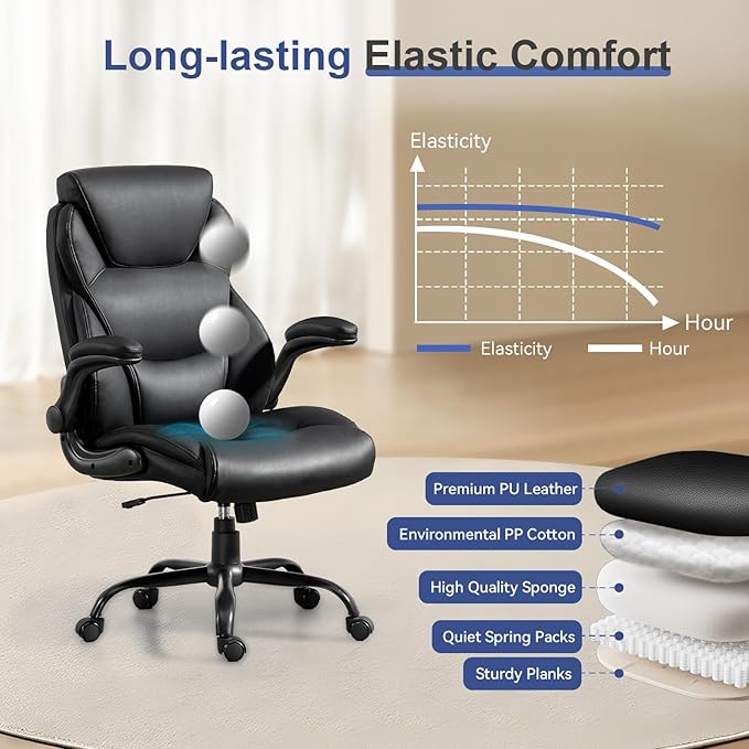 Brage Living 400LBS Big and Tall Office Chair, Leather Executive Desk Chair with Padded Flip-up Arms, Heavy Duty Swivel Rolling Computer Chair for Home Office, Black