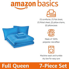 Amazon Basics 7 Piece Microfiber Kid's Bed-in-a-Bag Bedding Set, Full/Queen, Blue, Soft Solid