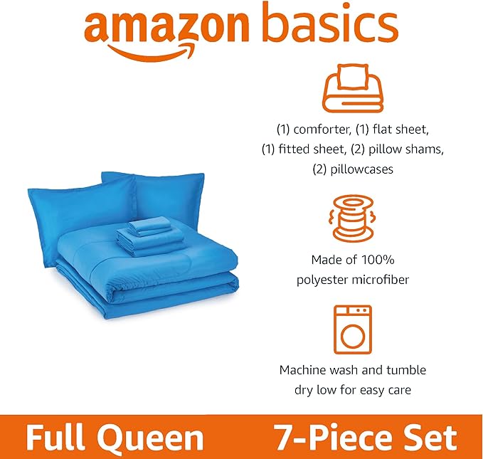 Amazon Basics 7 Piece Microfiber Kid's Bed-in-a-Bag Bedding Set, Full/Queen, Blue, Soft Solid