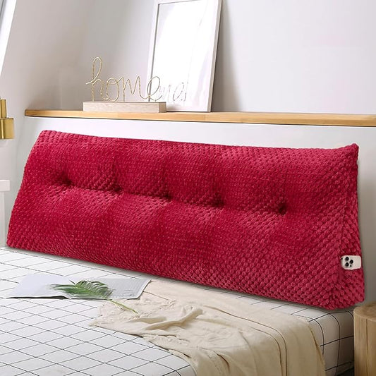 Large Triangular Headboard Wedge Pillow Soft and Supportive Headboard Backrest Positioning Support Bolster Cushion, Bed Wedge Pillow with Removable Cover(Wine Red,Queen,59x8x20inch)