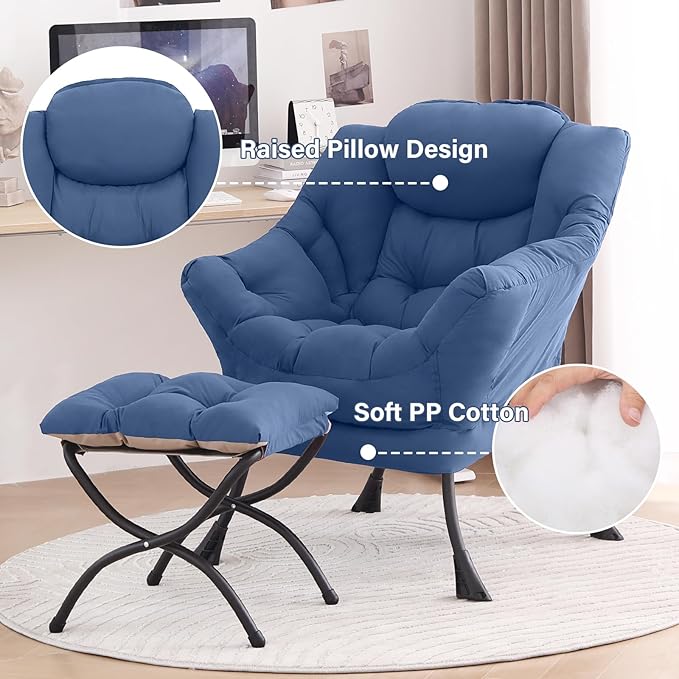 Tiita Lazy Chair with Ottoman, Modern Large Accent Lounge Armchair, Comfy Leisure Sofa Reading Chair with Footrest for Bedroom, Living Room, Dorm Rooms, Garden and Courtyard, Blue
