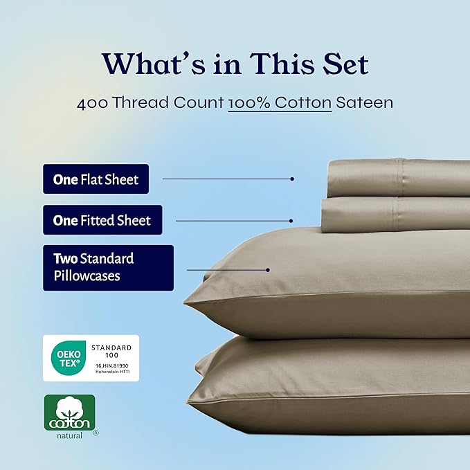 California Design Den Full Size Bed Sheets Set - Soft 400 Thread Count Sateen, Natural 100% Cotton Sheets with Deep Pockets, Breathable, and Durable Bedding Set - Taupe CaliforniaDesignDen