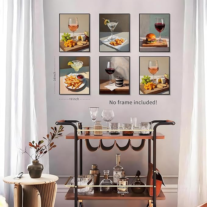 Set of 6 Trendy Cocktail Poster Martini and Cheese Crackers Prints Bar Cart Accessories Decor Retro Cocktail Wall Art Red Wine Canvas Room Decor Pictures for Apartment Dorm Unframed 12x16 inch