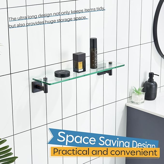KOKOSIRI Wall Shelves Bathroom Hardware Tempered Glass Floating Shelf Hanging Rack Storage/Room Decor 20-Inch Oil Rubbed Bronze 2 Pack B1105ORB-L20-P2