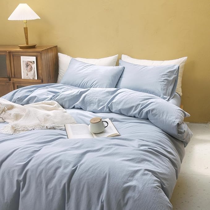 FOSSA Duvet Cover Set 100% Washed Cotton Linen Feel Super Soft Breathable Cozy 3 Pieces Bedding Sets Solid Cornflower Blue Super King Plus