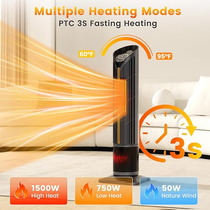 VCJ 28" Space Heaters with Humidifier, 12H Timer Electric Heater for Indoor Use, Remote, 120° Oscillation, Overheat & Tip-Over Protection, Quiet Portable Tower Heater for Bedroom Living Room Garage