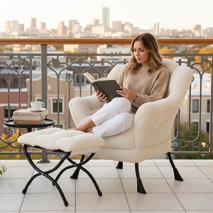 Tiita Lazy Chair with Ottoman, Modern Large Accent Lounge Armchair, Comfy Leisure Sofa Reading Chair with Footrest for Bedroom, Living Room, Dorm Rooms, Garden and Courtyard, Plush Beige