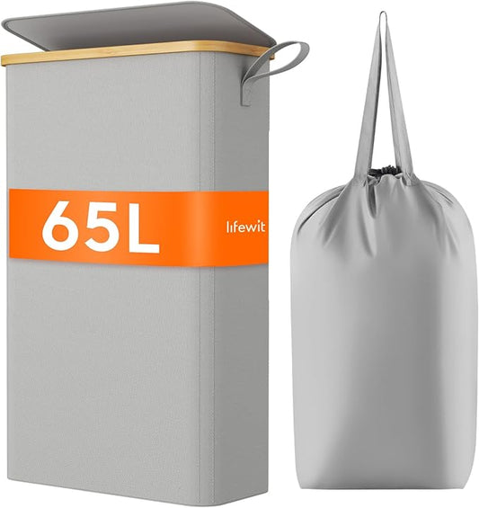 Lifewit 65L Slim Laundry Hamper with Lid, Narrow Laundry Basket with Removable Bag & Bamboo Handles, Fodable Thin Dirty Clothes Hamper for Laundry Collapsible Bin for Bathroom Bedroom Dorm,Silver Grey