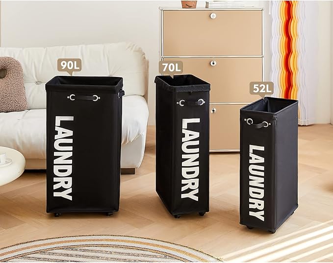 DOKEHOM 25-Inches Slim Laundry Basket on Wheels, Collapsible Rolling Laundry Hamper, Foldable Narrow Corner Clothes Storage Bins (Black)