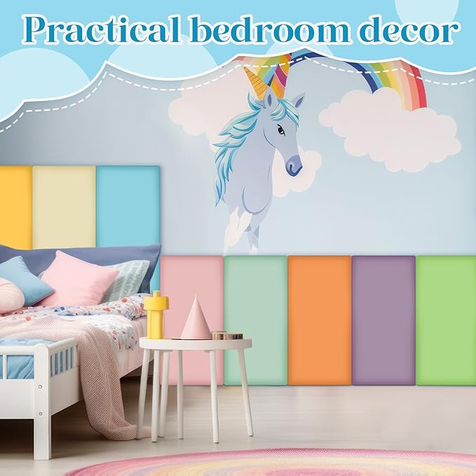 8 Pack Wall Padding for Playroom Peel and Stick Headboard 23.62" x 11.81" x 1.18" 3D Anti Collision Upholstered Wall Panels Self Adhesive Headboard Panel for Protection (Fresh Colors)