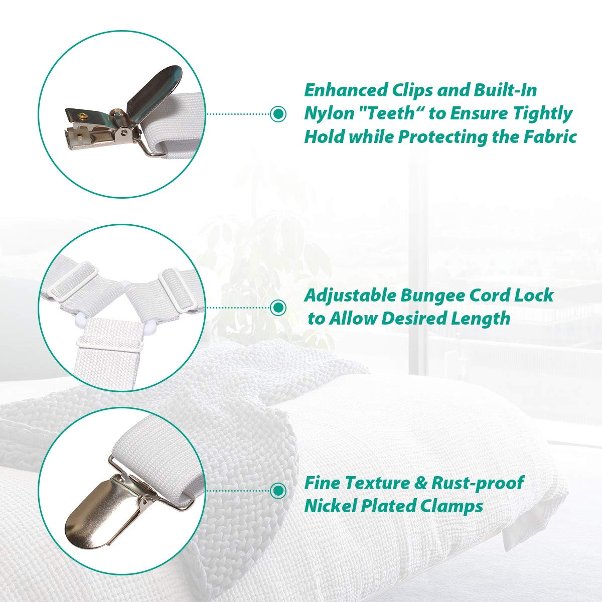 Bed Sheet Fasteners, Adjustable Mattress Suspenders, Mattress Cover Straps, Bed Corner Holder and Keepers and the Bed Sheet Grippers Clips (Triangle White Set of 4) Dormly