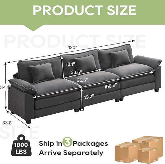 120" Modular Sectional Sofa, Comfy Cloud Couch Sectional Sofa, Velvet Sofa Sleeper Deep Seat Sofa with Throw Pillows for Living Room (Blue Gray, 120"- 3 Seater)