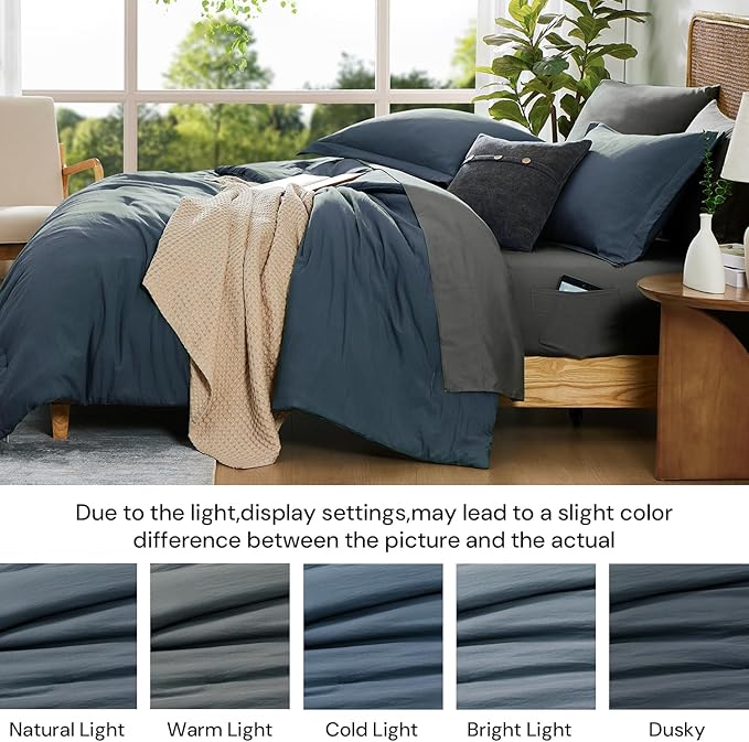 WRENSONGE Queen Comforter Set - 7 Pieces Blue Grey Bed in a Bag Queen with Sheets, 2 Pillow Shams, and 2 Pillowcases- Warm Bedding Sets Queen for All Season