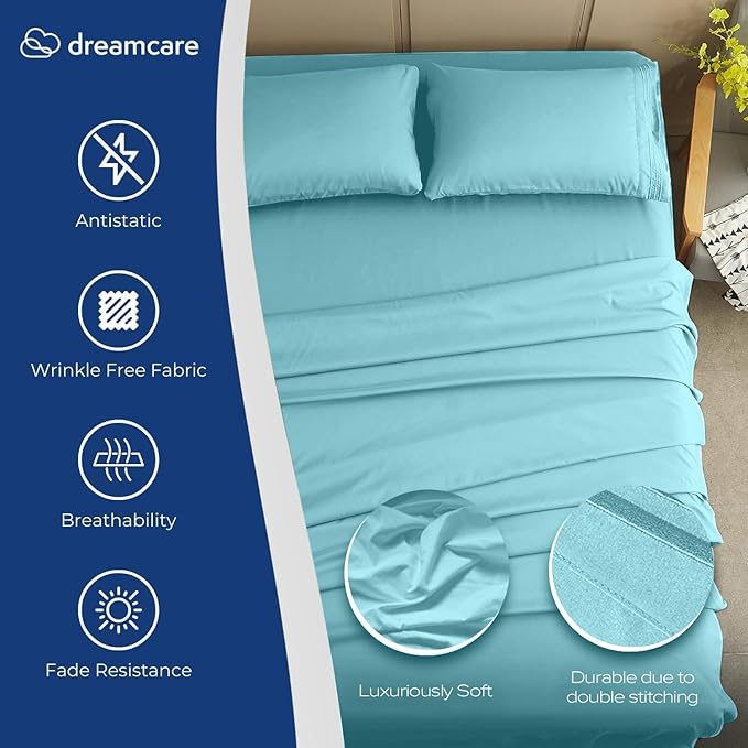 DREAMCARE Full Size Sheets Set - 4 Pcs Cooling Bed Sheets with Up to 15" Deep Pockets - Soft, Long-Lasting 100% Brushed Polyester with Side Pocket (Spa Blue) DREAMCARE