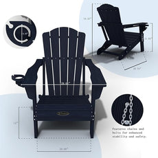 Adirondack Chair, Folding All-Weather Outdoor HDPE Patio Chair with Cup Holder, Navy Blue