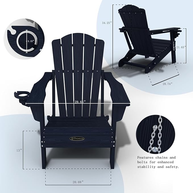 Adirondack Chair Set of 8, Folding All-Weather Outdoor HDPE Patio Chair with Cup Holder, Navy Blue